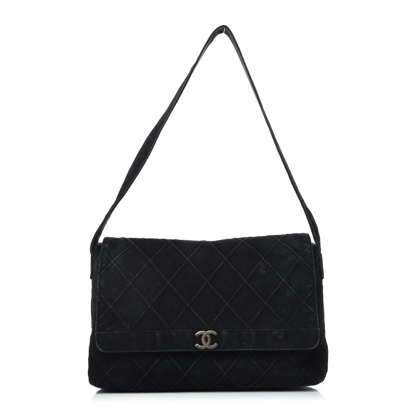 Suede Quilted Flap Shoulder Bag Black