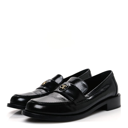 Chanel Shiny Calfskin Logo Loafers 38.5 Black 4 of 10