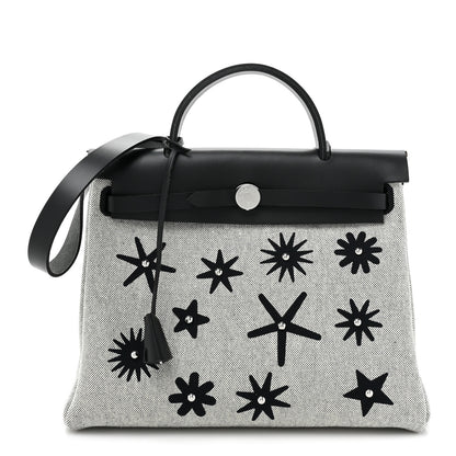 Hermes H Plume Canvas Vache Hunter Circuit Rider Hobnailed Herbag Zip Retourne 31 PM Black Ecru 1 of 11