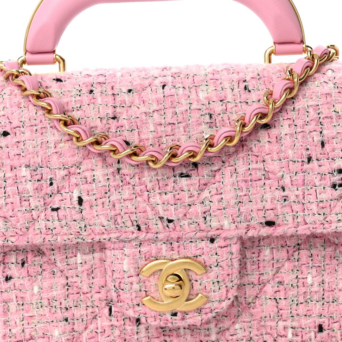 Tweed Large Top Handle Clutch With Chain Pink Black Ecru