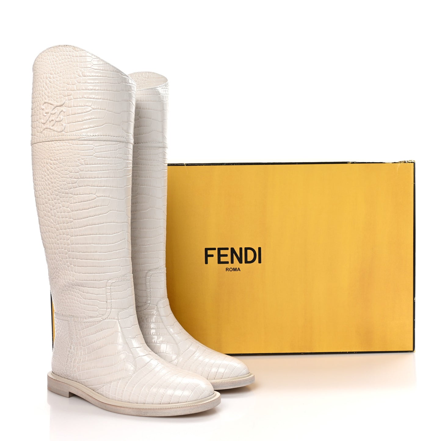Calfskin Crocodile Embossed Karligraphy Logo Riding Boots 38 White