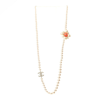 Chanel Pearl Crystal Gripoix CC Long Necklace Gold Pearly White Orange 3 of 6