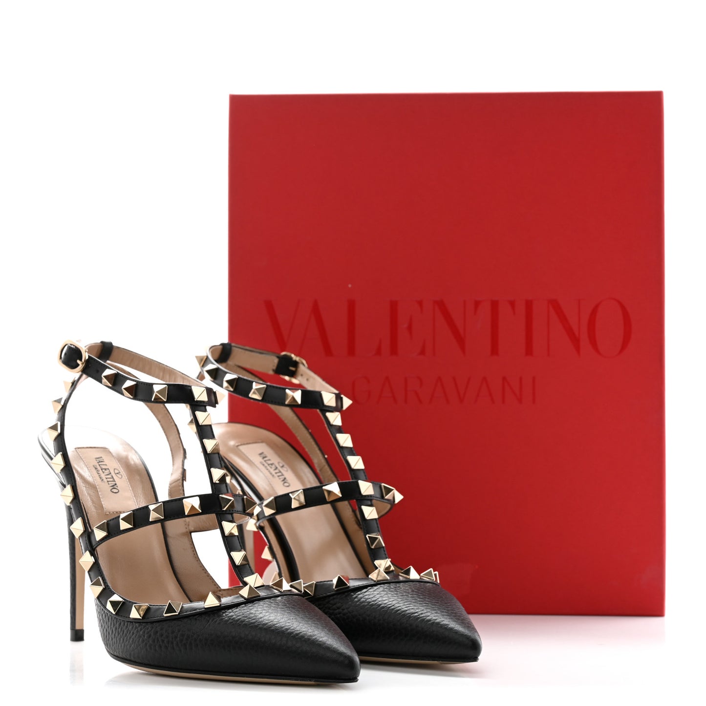 Pebbled Calfskin Rockstud Ankle Strap 100mm Pumps 39 Black