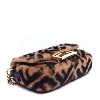 Fendi Shearling Vitello Dolce Macro FF 1974 Mini Baguette Tobacco Black 4 of 15