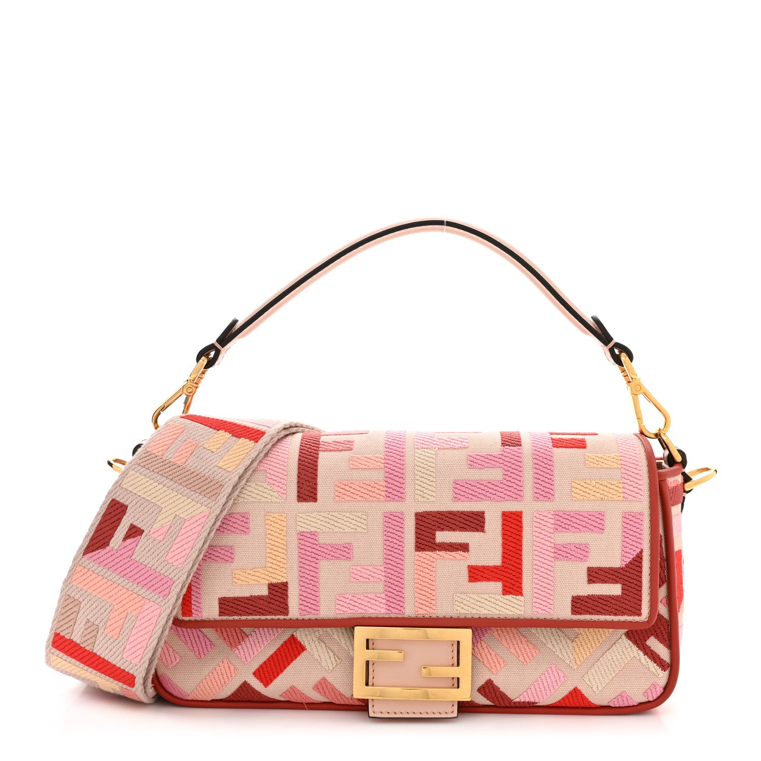 Fendi Canvas Vitello King FF Embroidered Baguette Rosa Quarzo Bloody Mary Multicolor 1 of 10