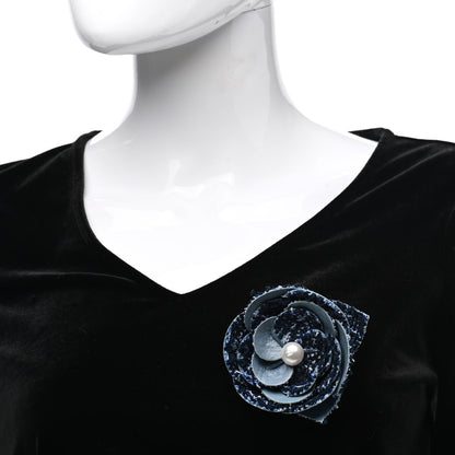 Chanel Tweed Lambskin Camellia Pearl Brooch Navy Black White 2 of 5