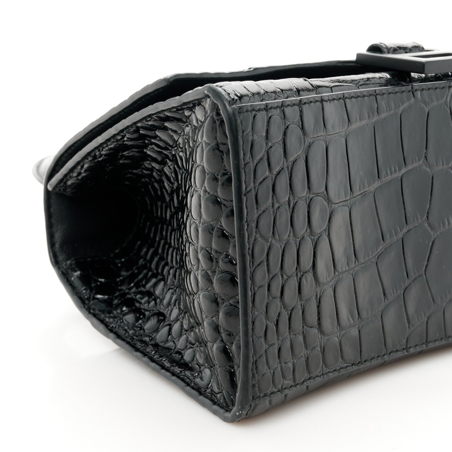 Balenciaga Shiny Calfskin Monochrome Crocodile Embossed Small Hourglass Top Handle Bag Black 9 of 11