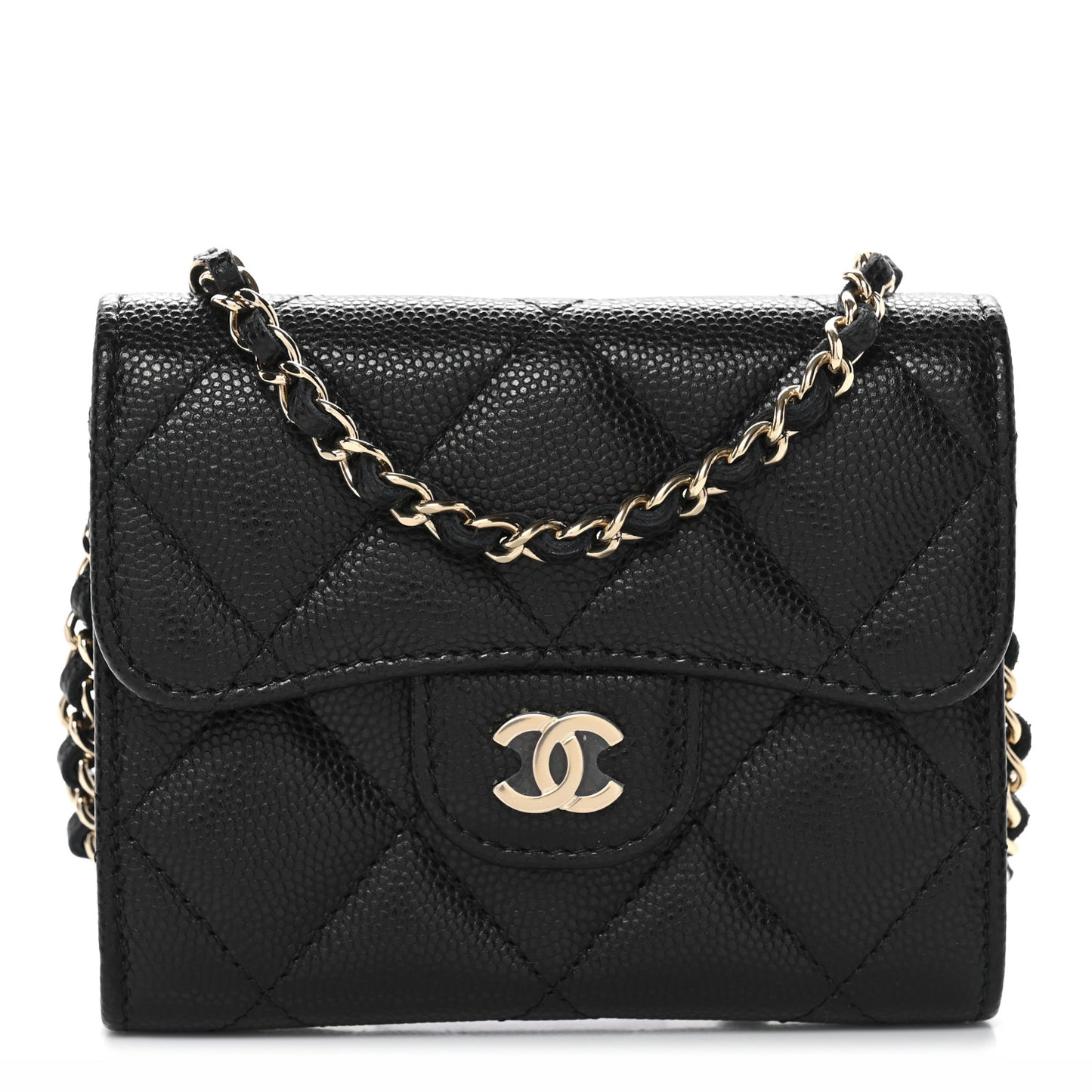 Caviar Quilted Flap Card Holder On Chain Black