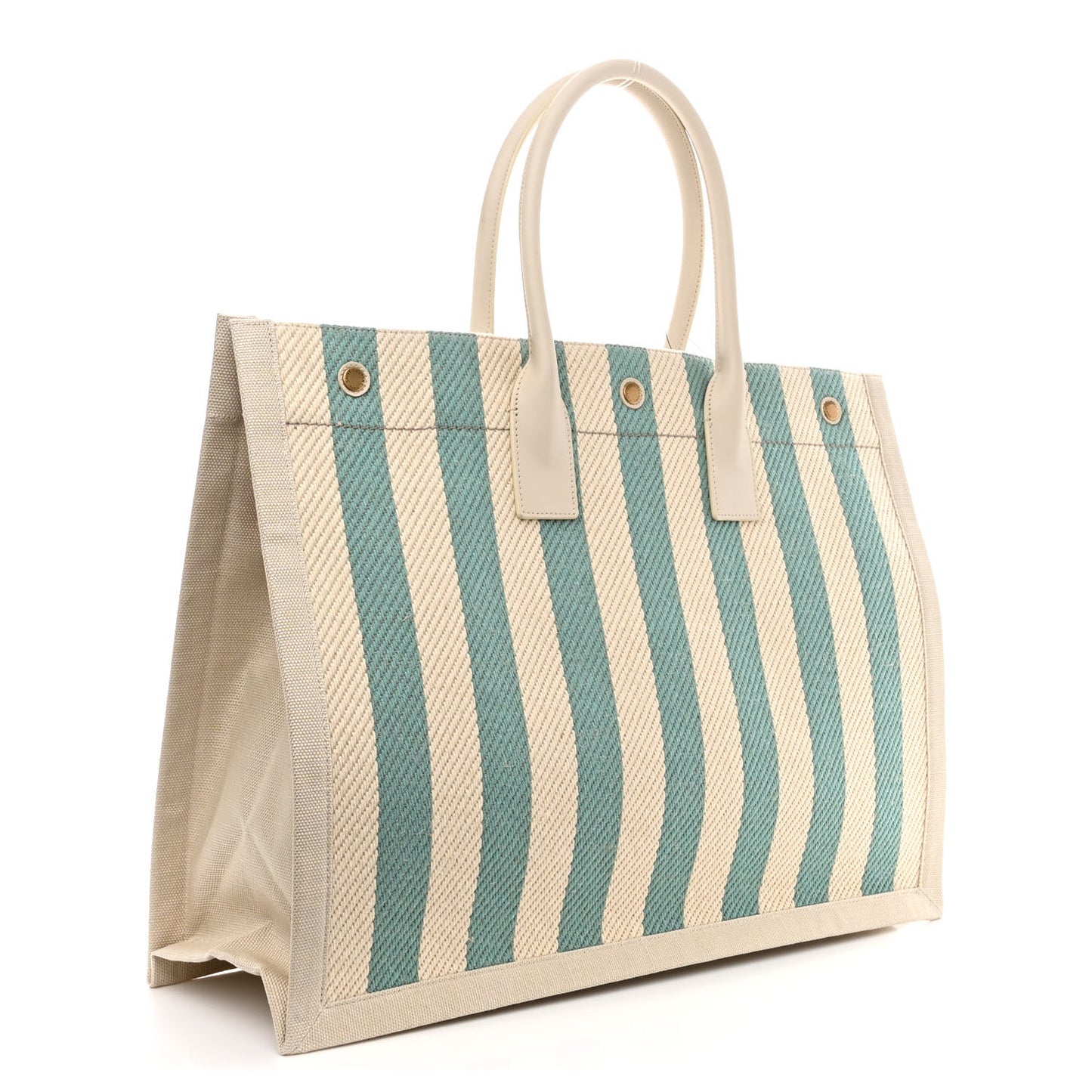 Cotton Linen Calfskin Striped Rive Gauche Tote Water Green
