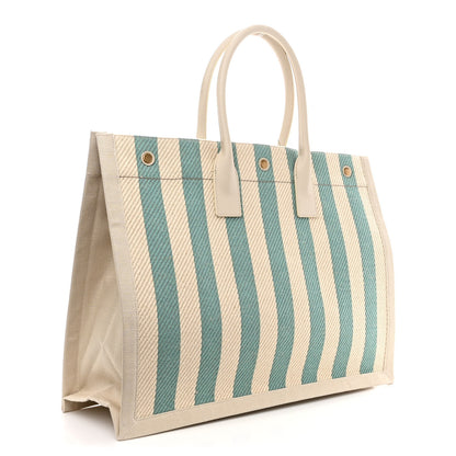 Saint Laurent Cotton Linen Calfskin Striped Rive Gauche Tote Water Green 3 of 10