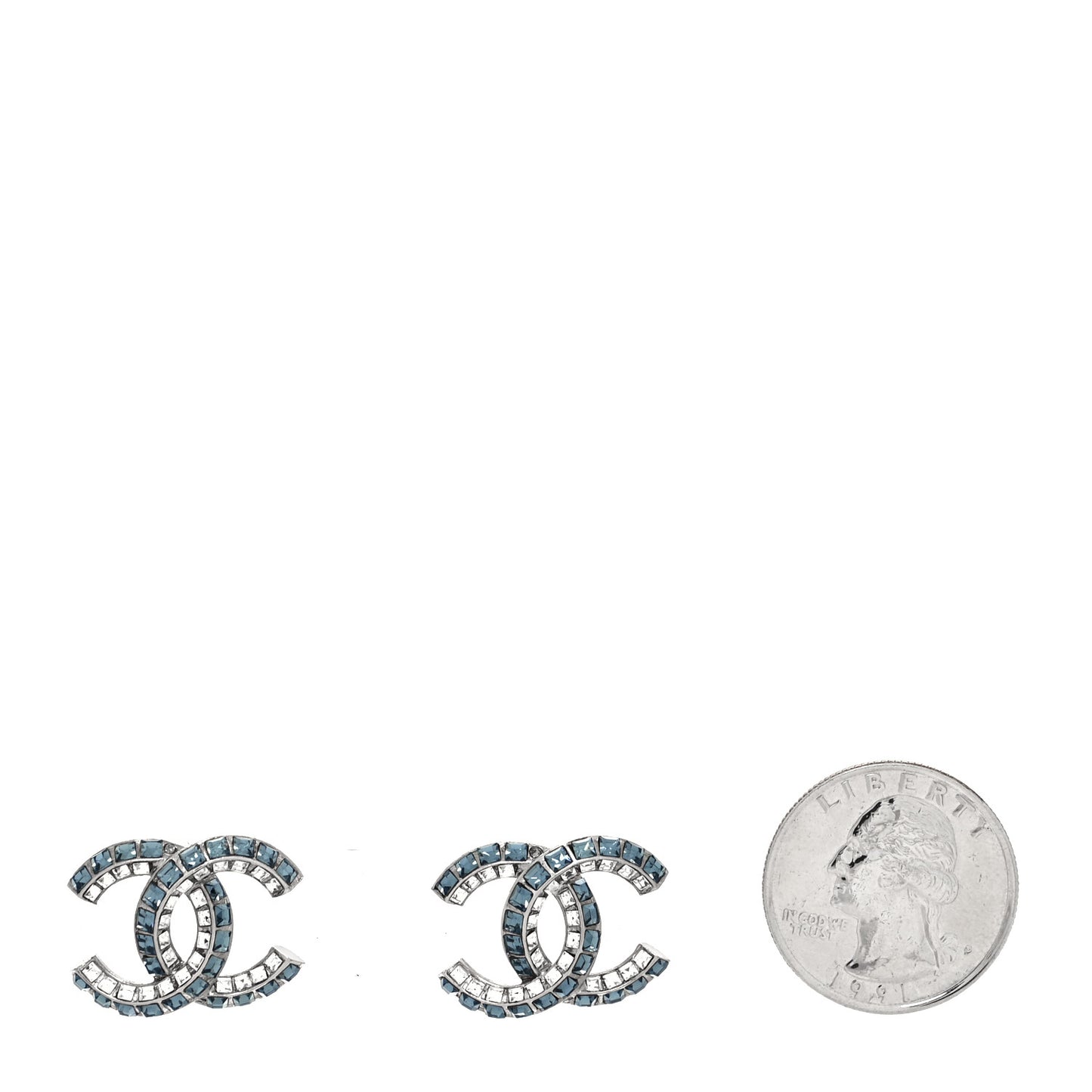 Metal Baguette Crystal CC Earrings Silver Blue