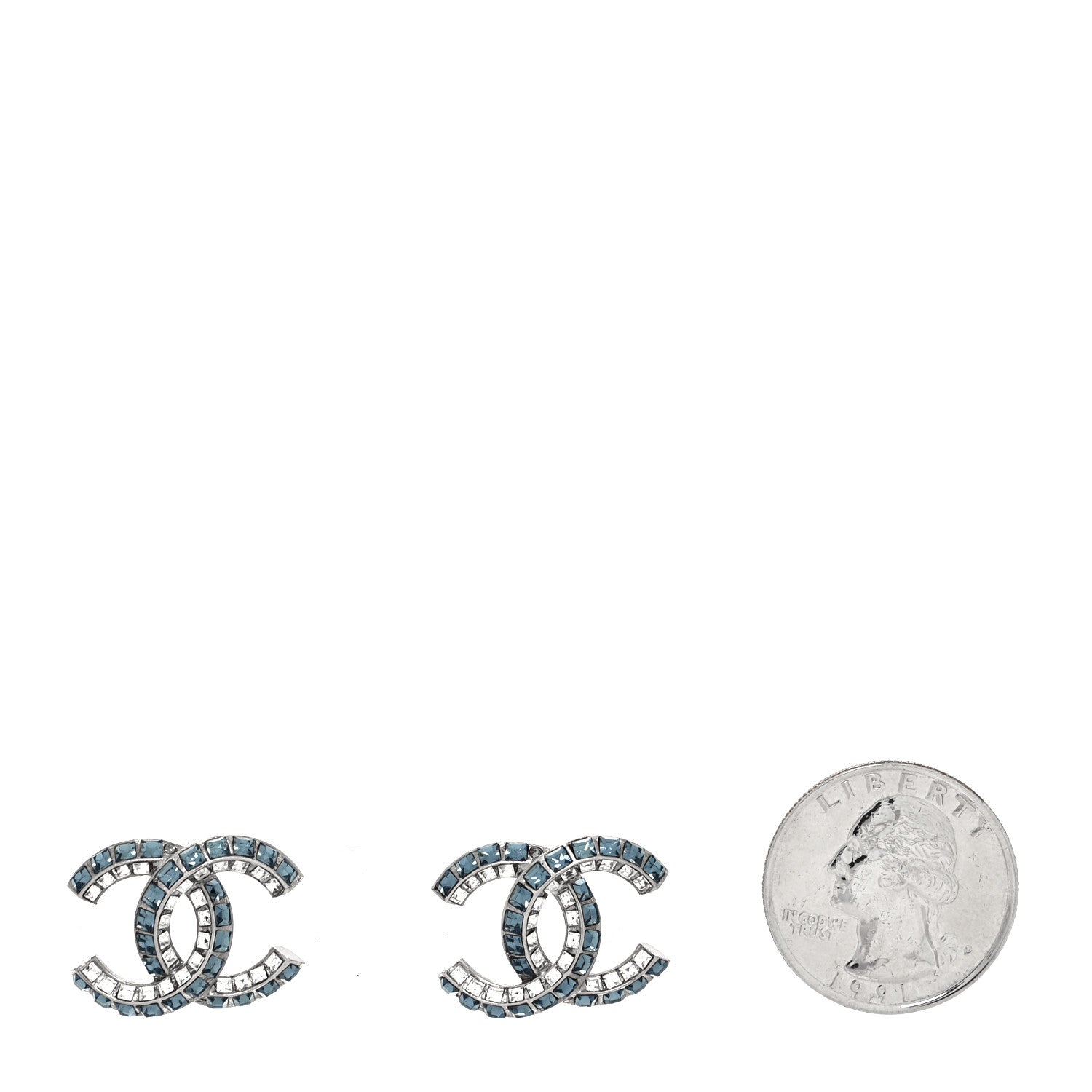 Chanel Metal Baguette Crystal CC Earrings Silver Blue 2 of 4