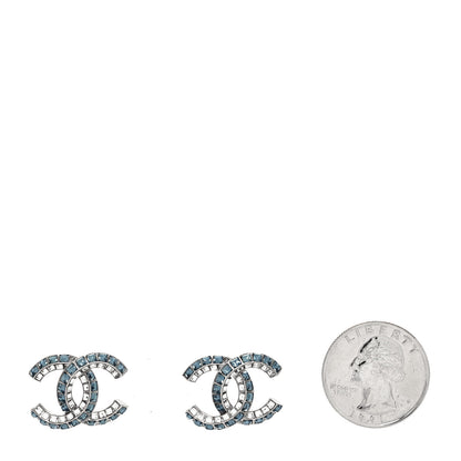 Chanel Metal Baguette Crystal CC Earrings Silver Blue 2 of 4