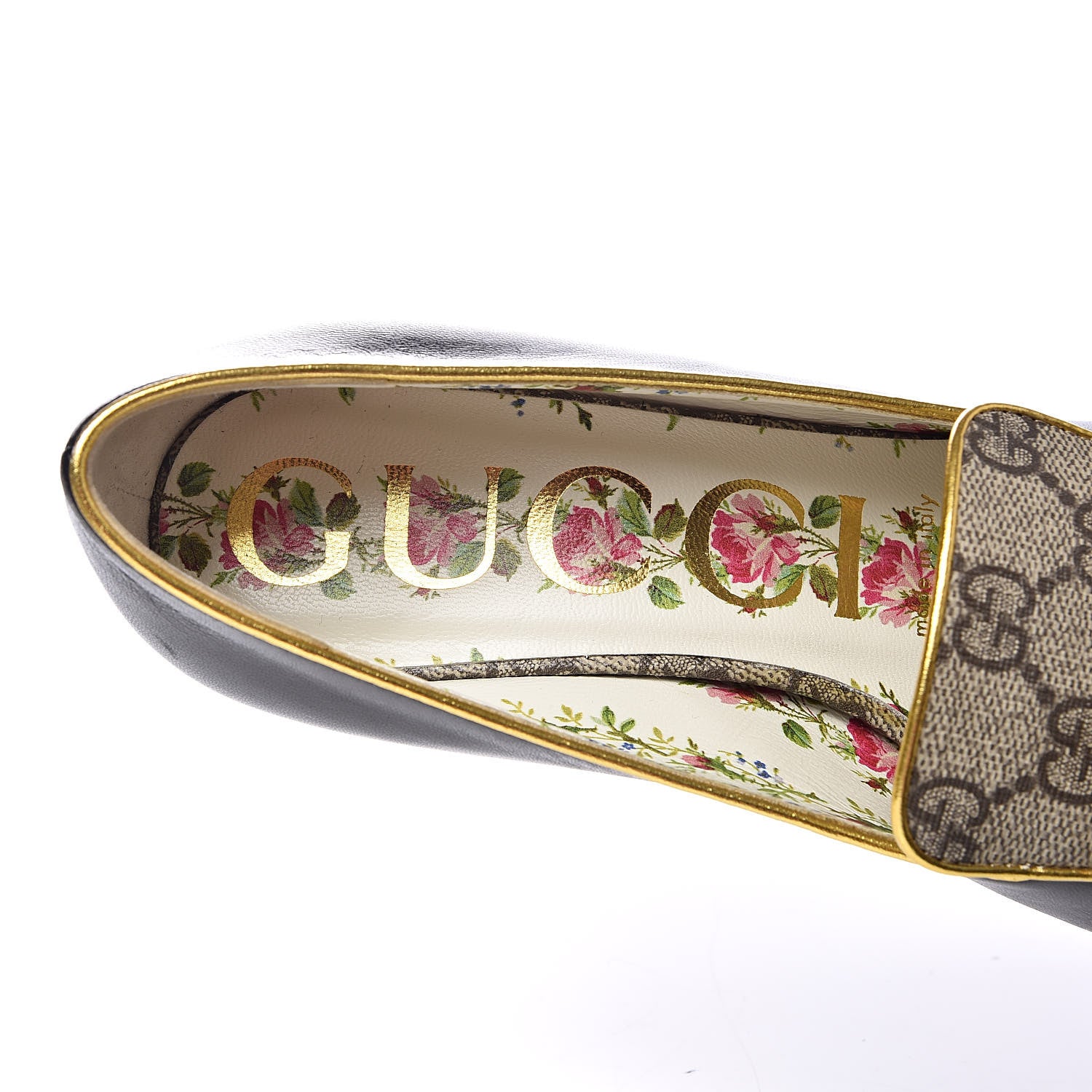 Gucci Malaga Kid Nappa GG Supreme Monogram Tiger Head Mid Heel Loafer Pumps 35.5 Black Oro Vecchio Beige 7 of 9