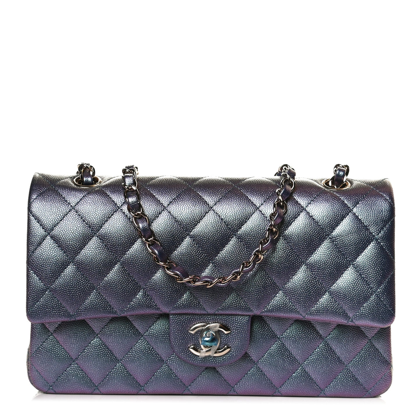 Iridescent Caviar Quilted Medium Double Flap Dark Blue