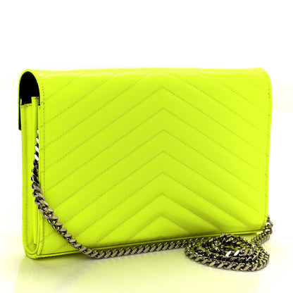 Saint Laurent Patent Grain De Poudre Matelasse Chevron Monogram Chain Wallet Neon Yellow 3 of 11