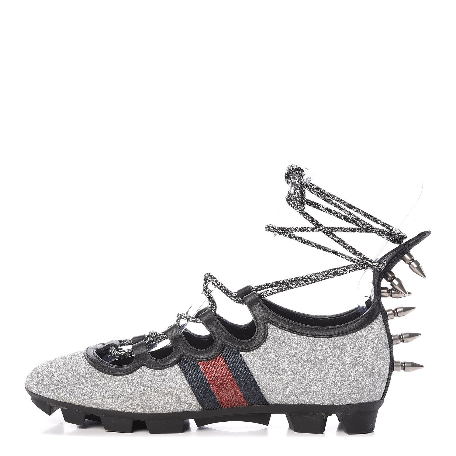 Gucci Nappa Sparkle Studded Web Lace Up Titan Sneakers 37.5 Argento 1 of 10
