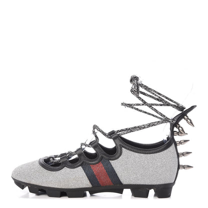 Gucci Nappa Sparkle Studded Web Lace Up Titan Sneakers 37.5 Argento 1 of 10