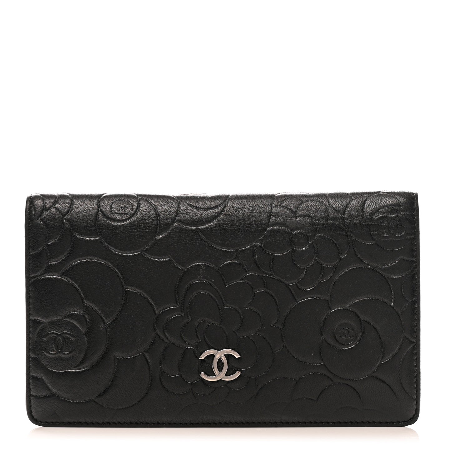 Lambskin Camellia Embossed Yen Wallet Black
