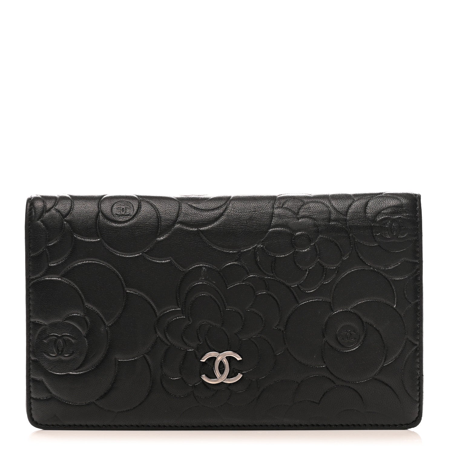Chanel Lambskin Camellia Embossed Yen Wallet Black 1 of 10