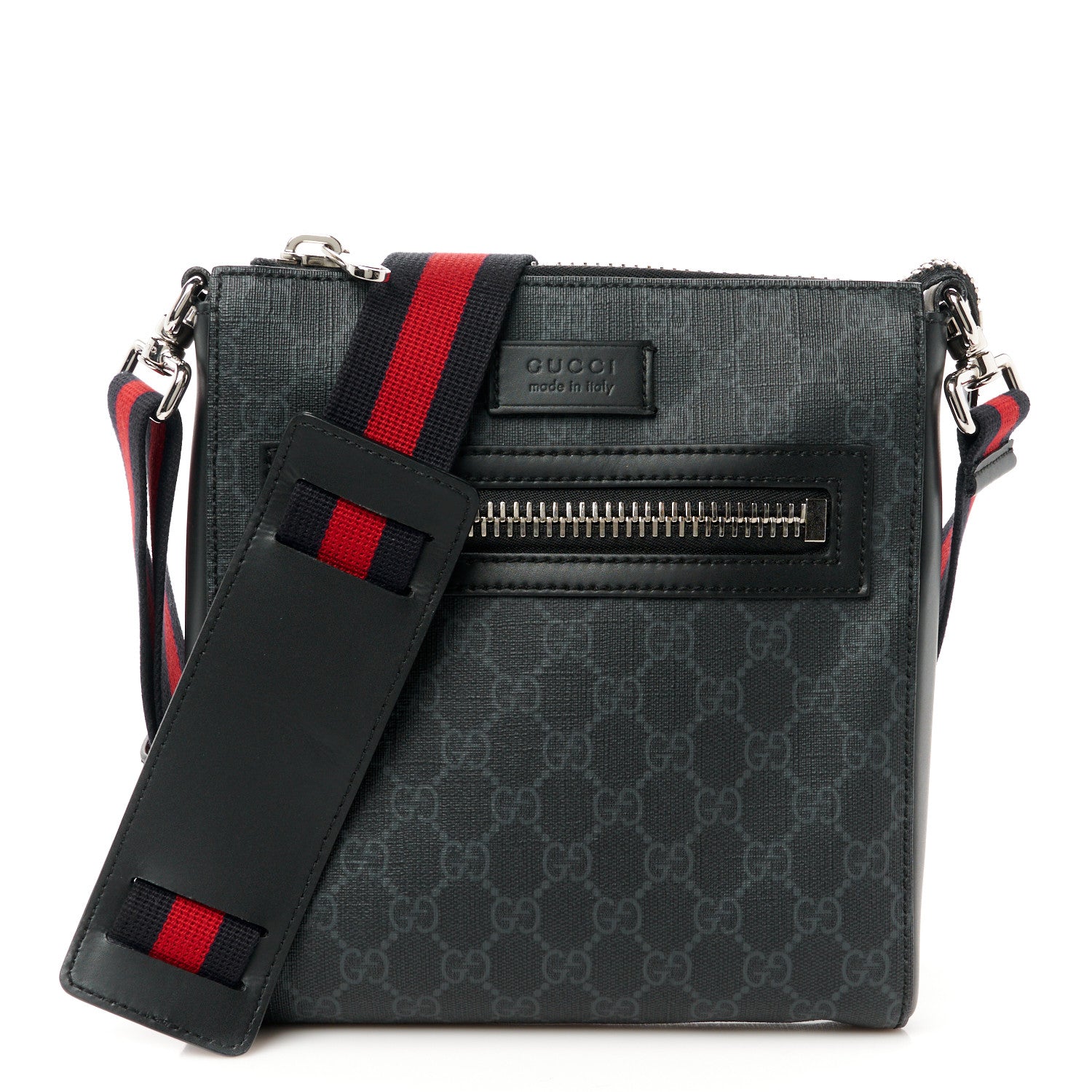 Gucci GG Supreme Monogram Web Small Flat Messenger Bag Black Grey 1 of 11