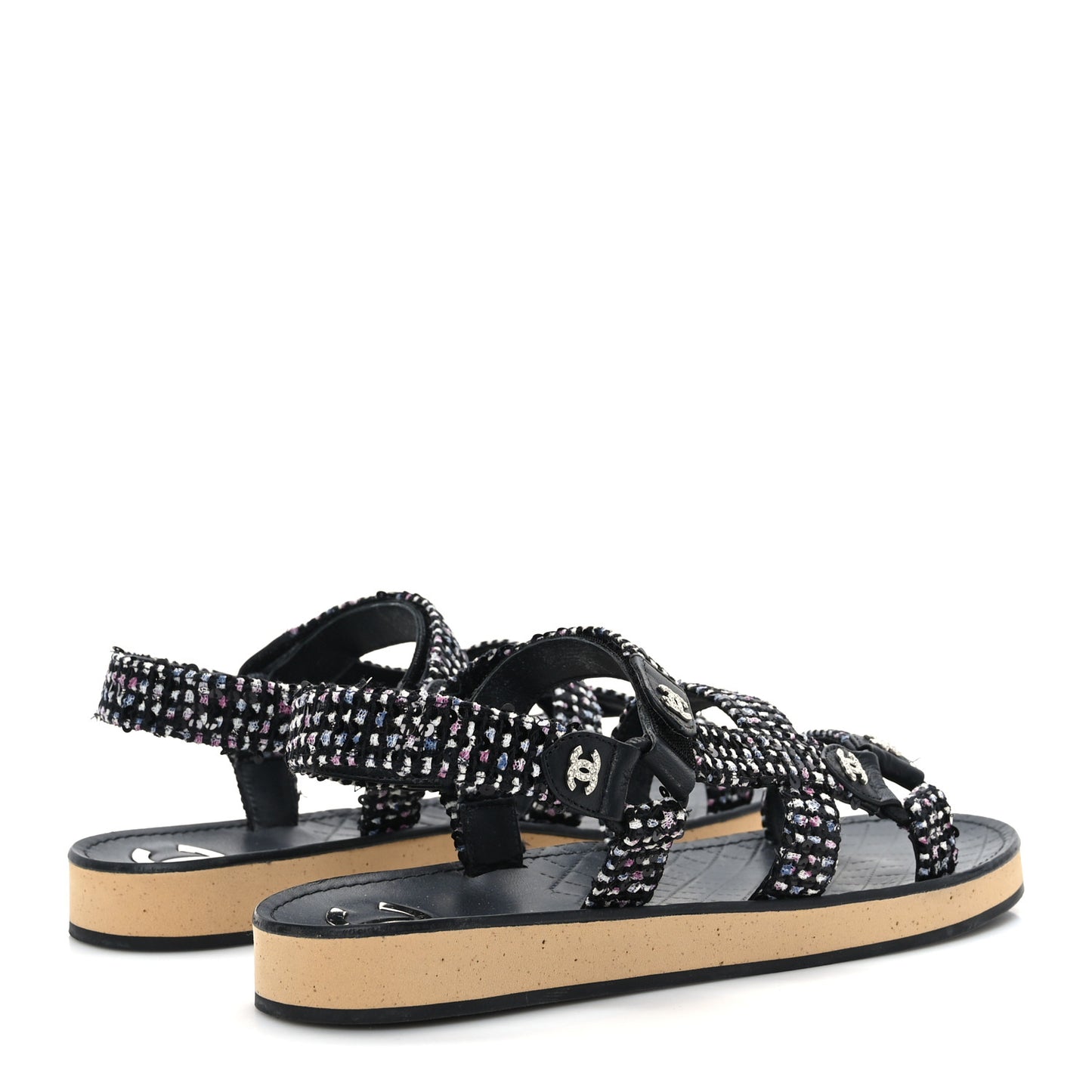 Tweed Lambskin Crystal CC Sandals 40 Black Multicolor