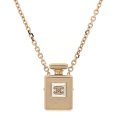 Chanel Metal Pearl Perfume Bottle CC Locket Necklace Gold 1 of 5