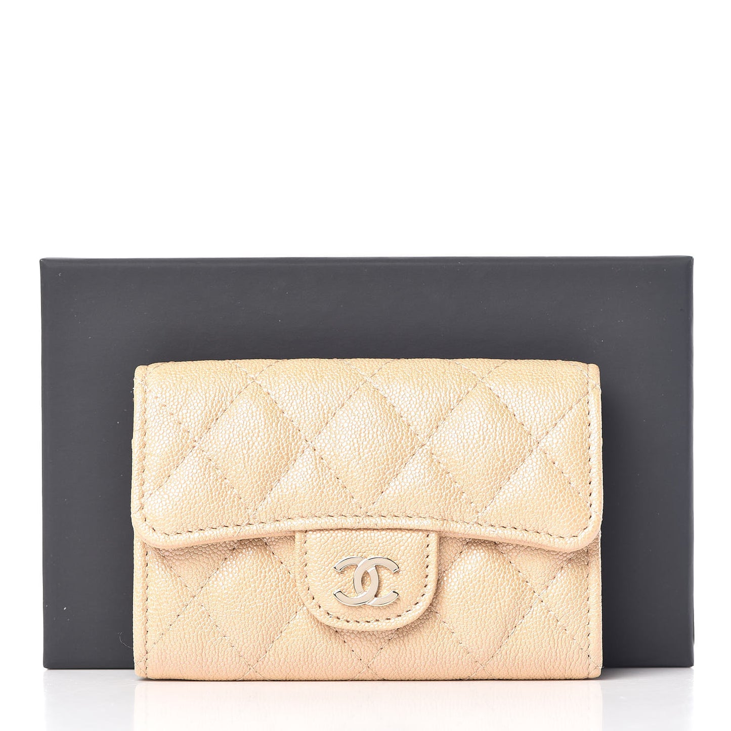 Iridescent Caviar Quilted Flap Card Holder Beige