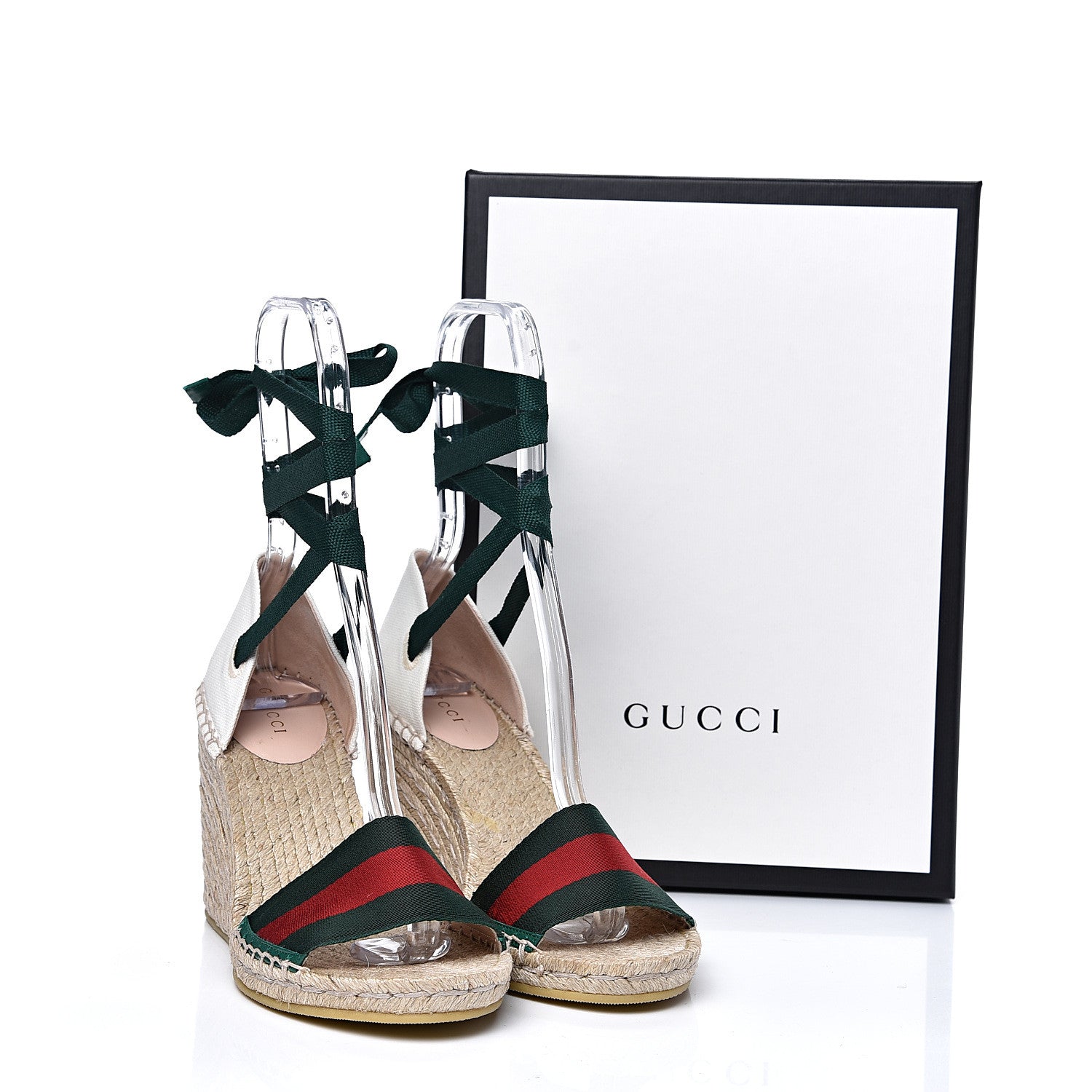 Gucci Canvas Malaga Kid Web Ankle Wrap Espadrille Wedge Sandals 39.5 Green Red Mystic White Emerald 9 of 9