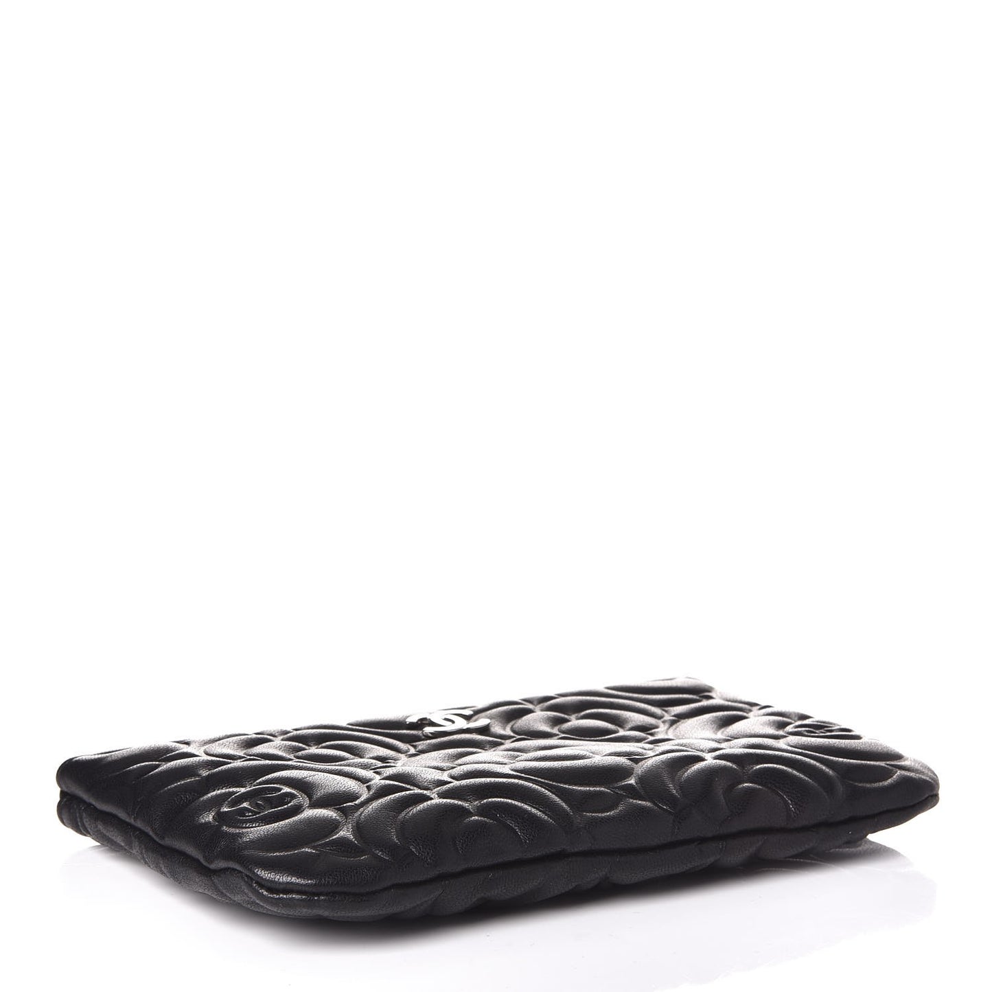 Goatskin Camellia Embossed Cosmetic Pouch Black