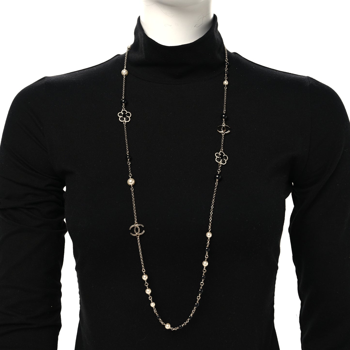 Pearl Crystal Flower CC Necklace Gold Black
