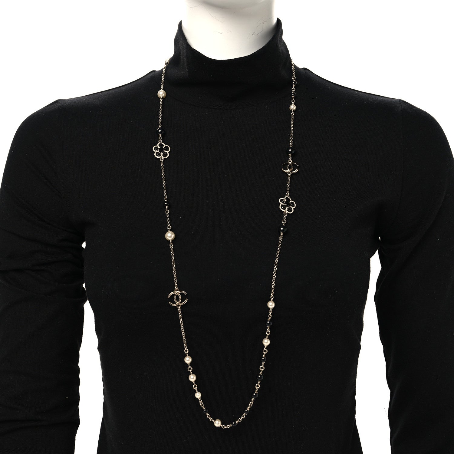 Chanel Pearl Crystal Flower CC Necklace Gold Black 2 of 5