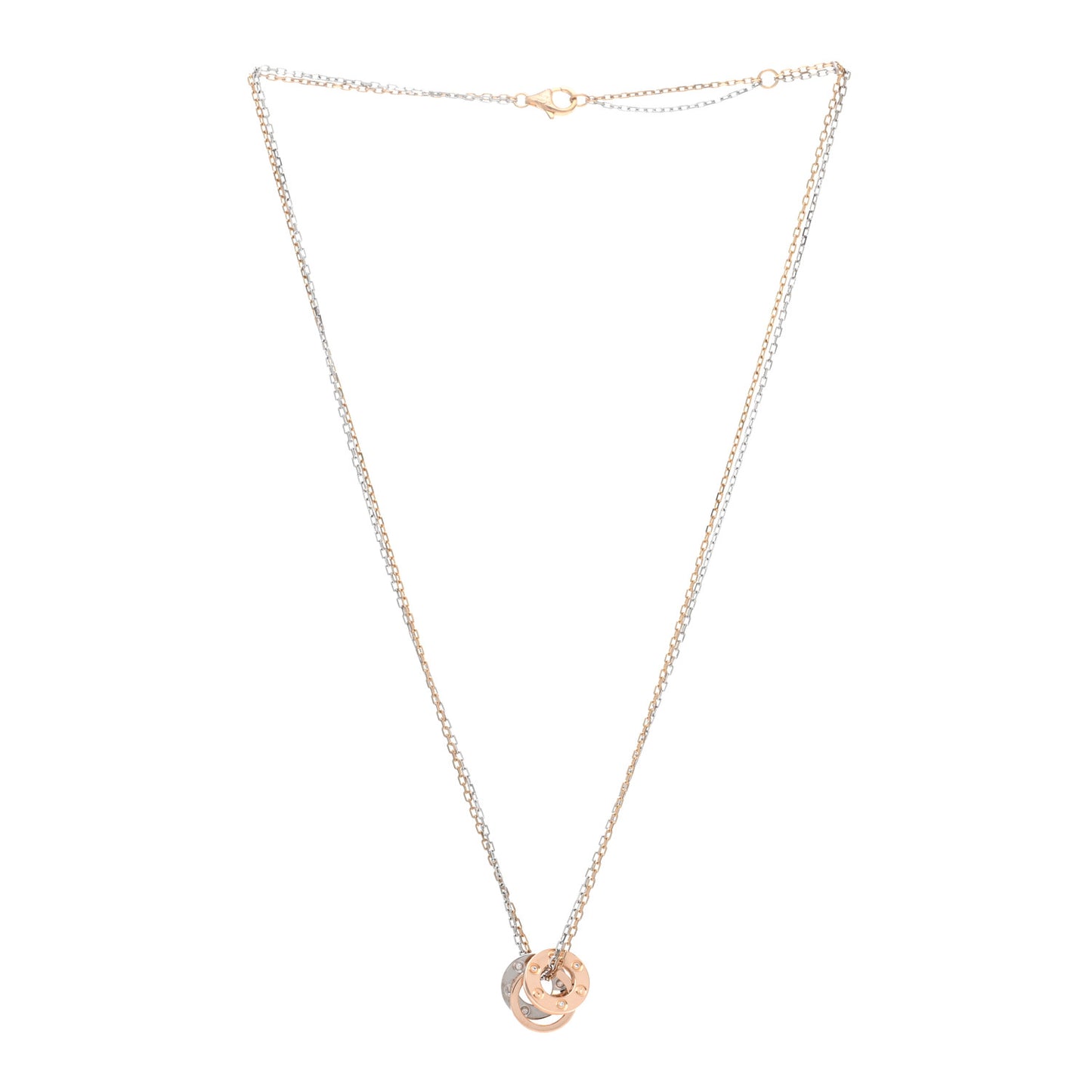 18K White Pink Gold Diamond Three Ring LOVE Pendant Necklace