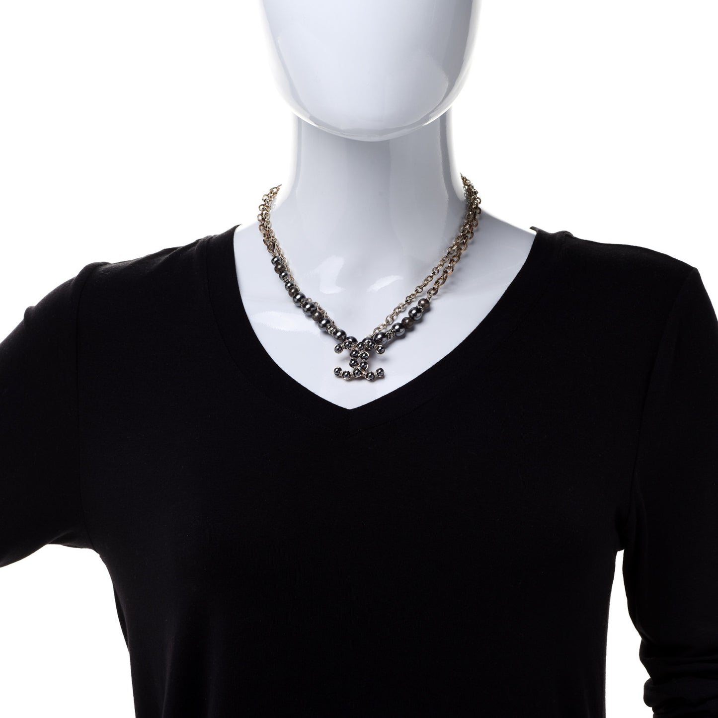 Crystal Pearl Nefertiti CC Double Chain Pendant Necklace Gold Dark Grey