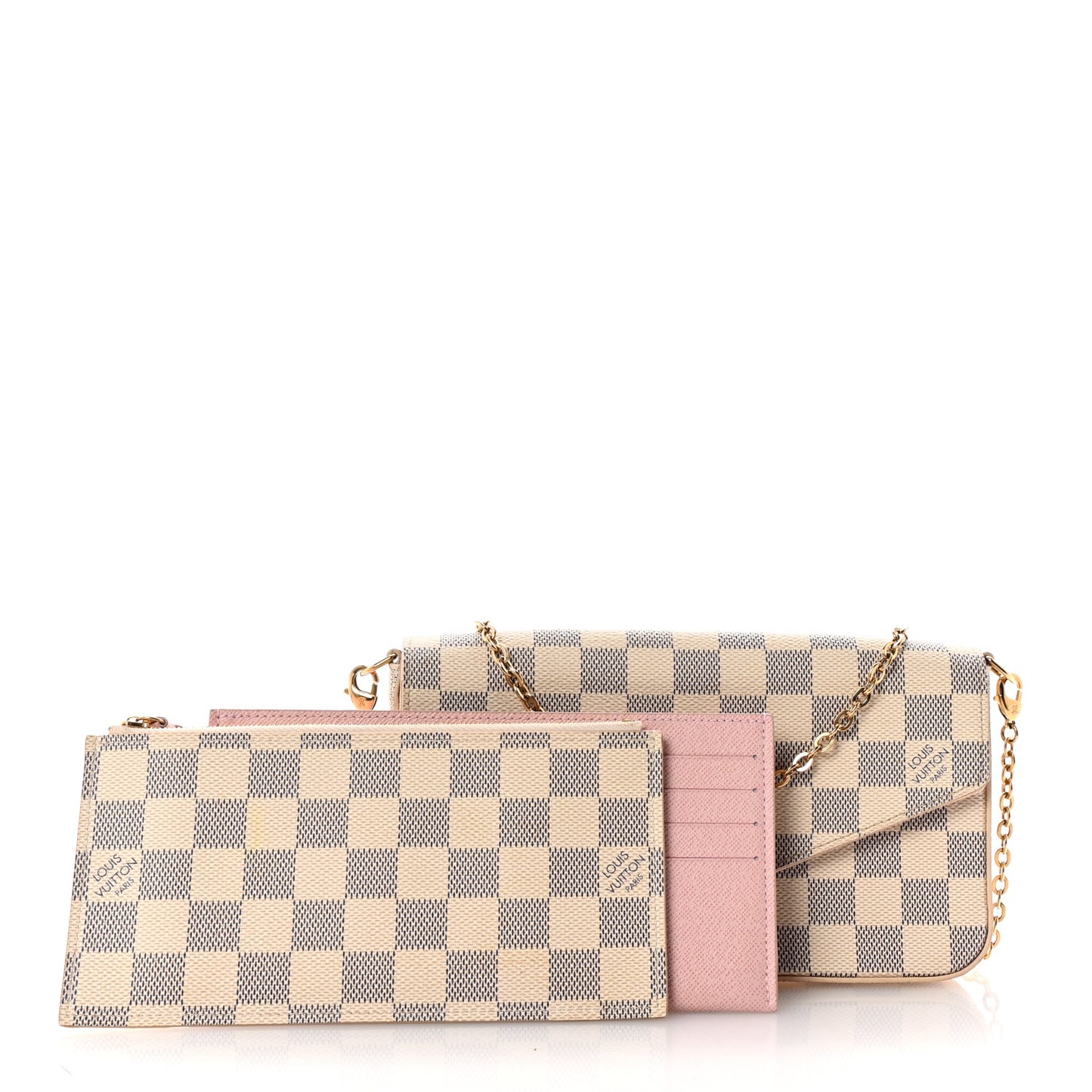 Damier Azur Pochette Felicie Chain Wallet Rose Ballerine