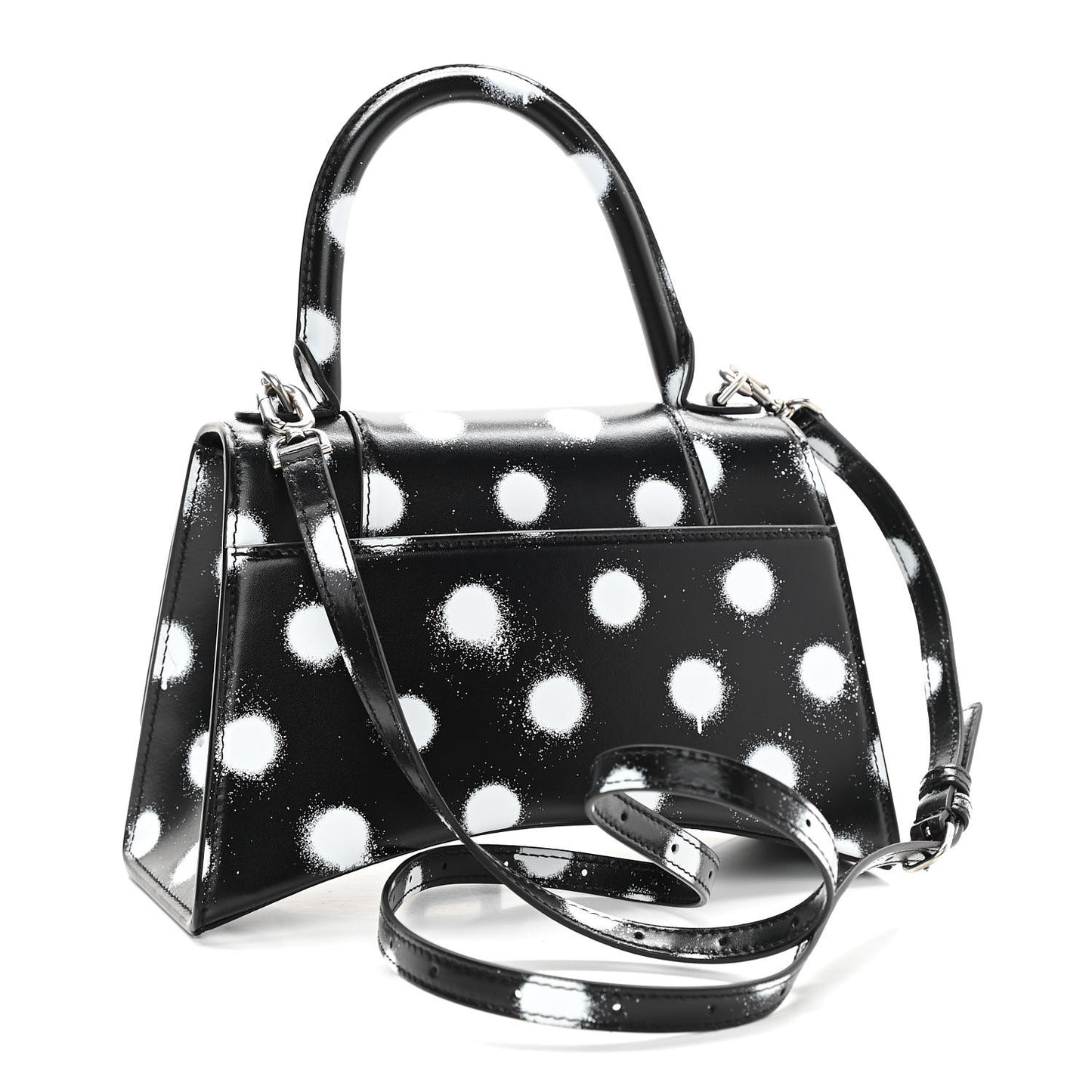 Smooth Calfskin Spray Polka Dot Small Hourglass Top Handle Bag Black White