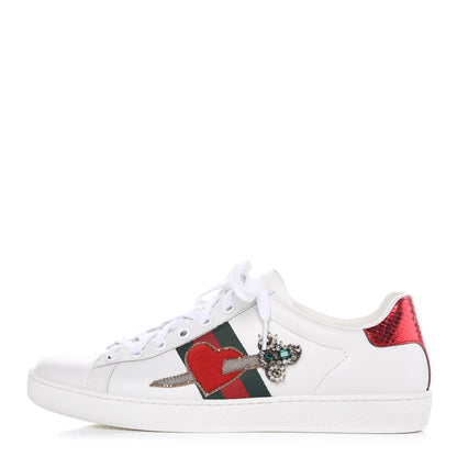 Gucci Calfskin Ayers Web Pierced Heart Embroidered New Ace Sneakers 38.5 White 1 of 11