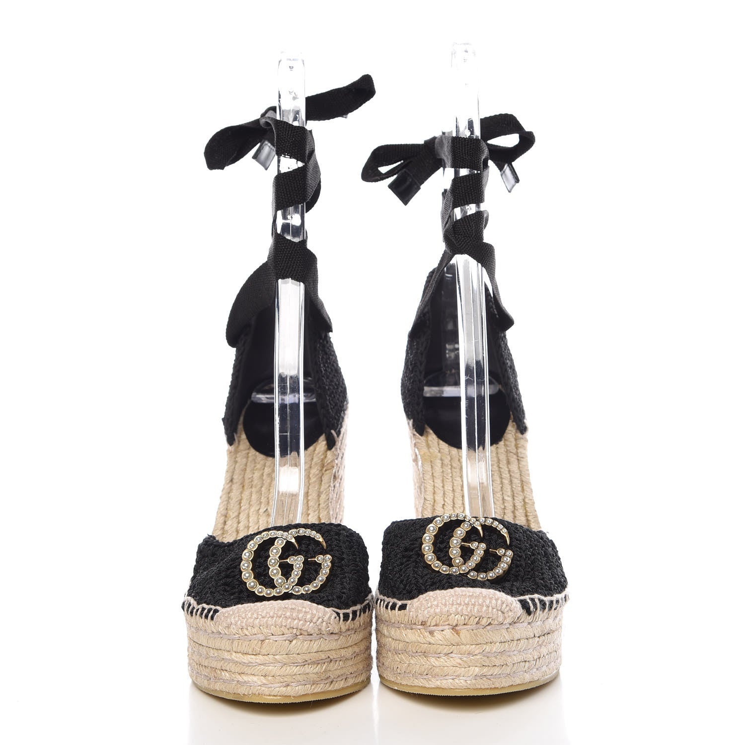 Gucci Cotton Crochet Pearly GG Ankle Wrap Platform Espadrille Wedges 37 Black 2 of 11
