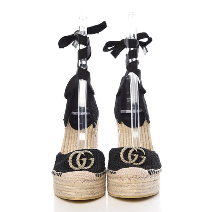 Gucci Cotton Crochet Pearly GG Ankle Wrap Platform Espadrille Wedges 37 Black 2 of 11