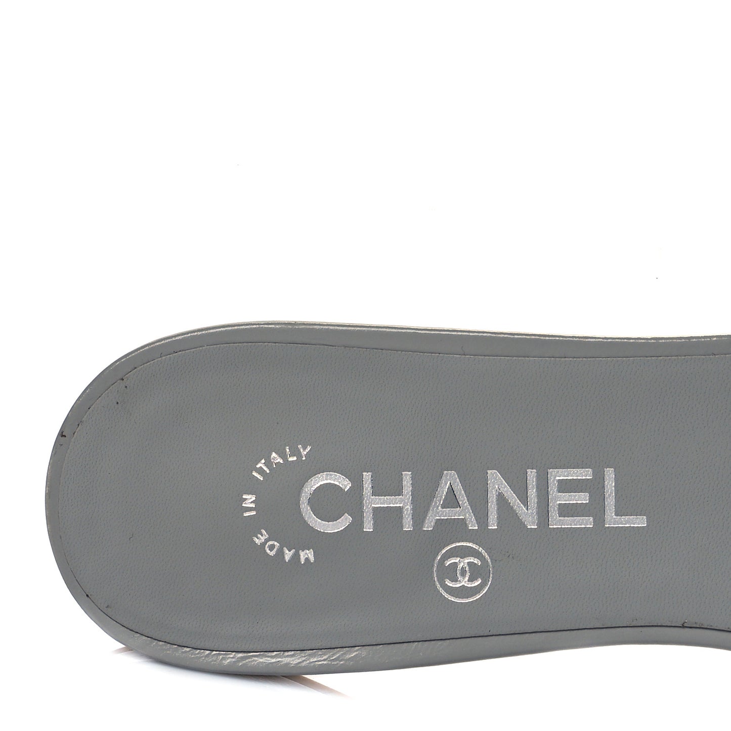 Metallic Lambskin Camellia Pearl Slides 37 Grey Silver