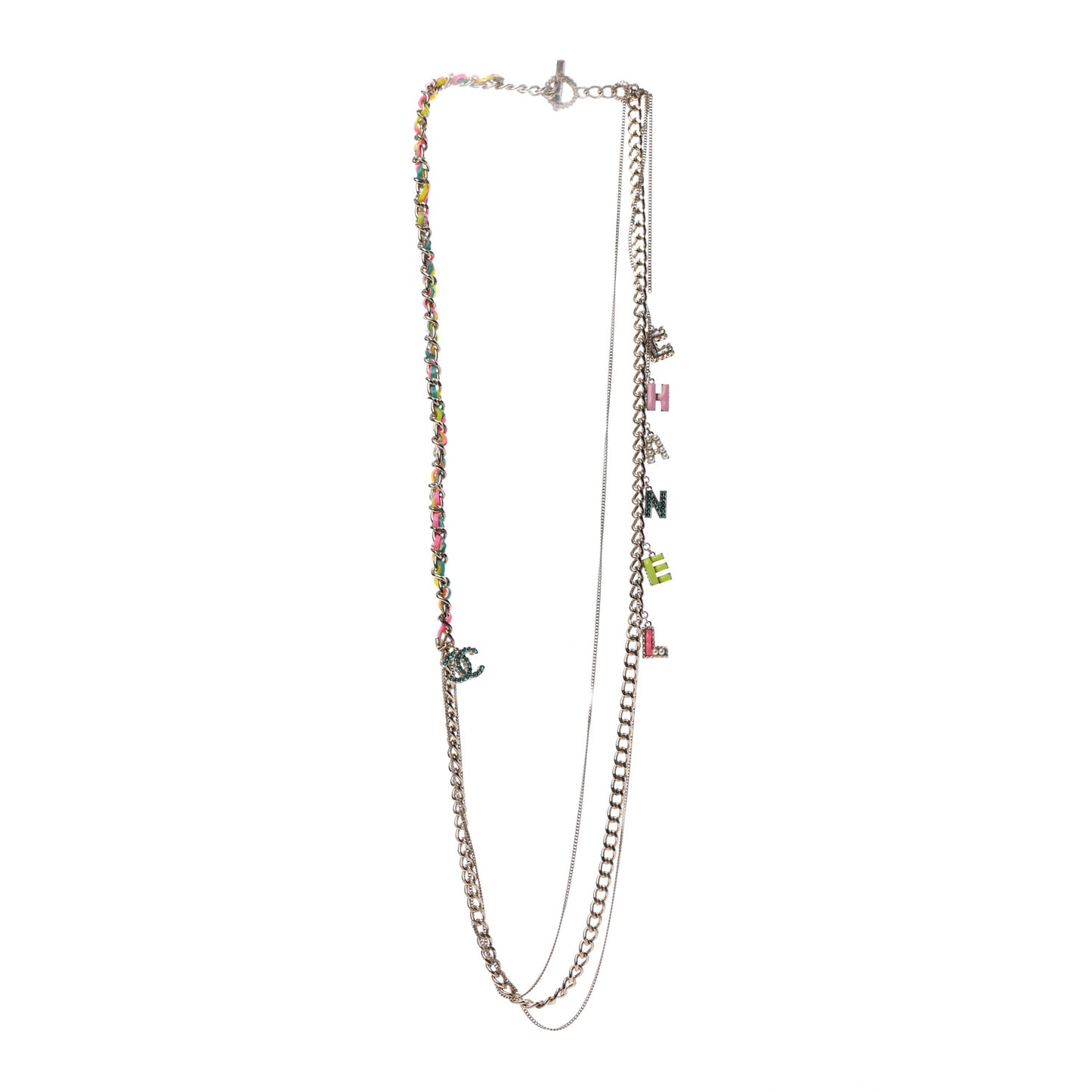 Crystal Enamel Pearl CC Logo Chain Long Necklace Gold Multicolor