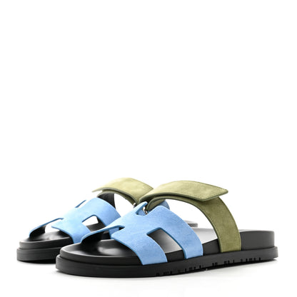 Hermes Suede Goatskin Womens Chypre Sandals 38 Bleu Cameo Vert 3 of 9