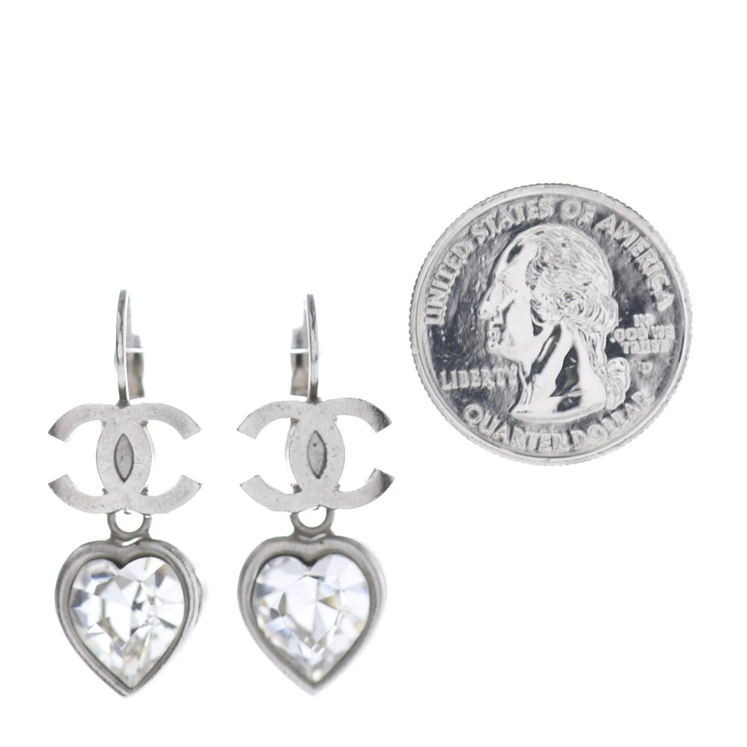 Chanel Crystal Heart CC Drop Earrings Silver 2 of 4