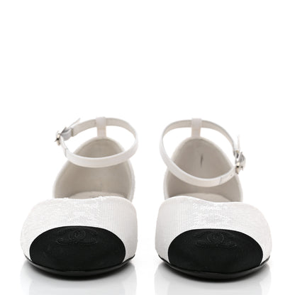 Chanel Sequin Grosgrain Cap Toe CC Ankle Strap Sandals 36 White Black 2 of 8