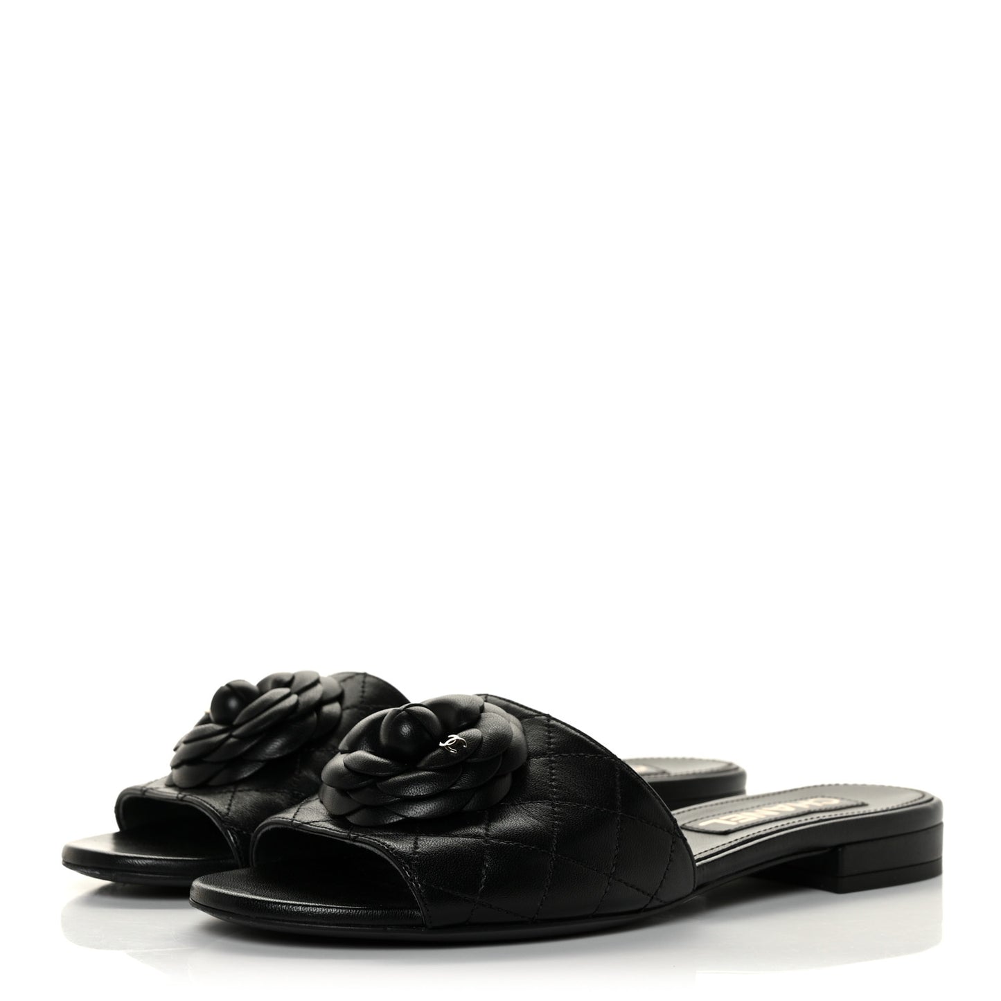 Lambskin Quilted Camellia CC Slides 39 Black