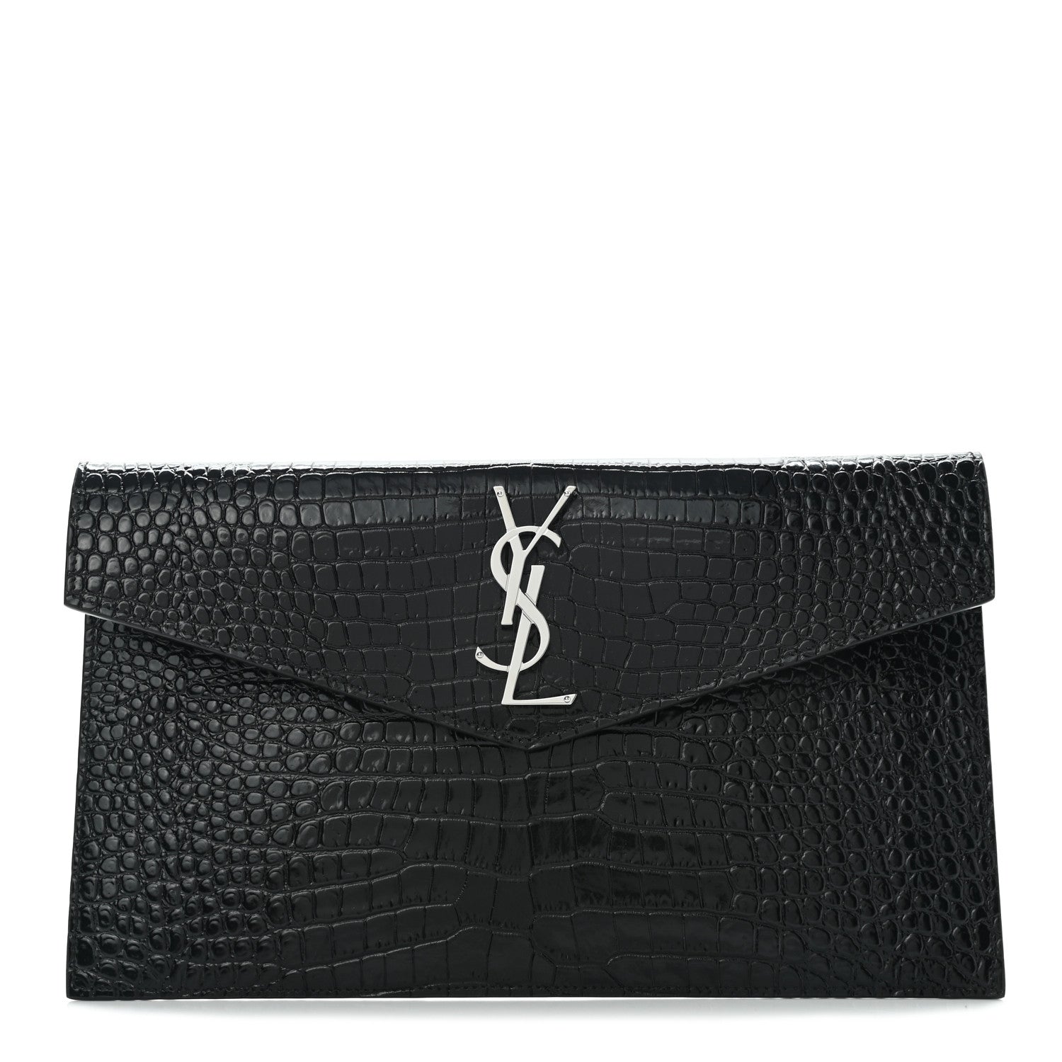 Saint Laurent Calfskin Crocodile Embossed Uptown Monogram Pouch Black 1 of 7