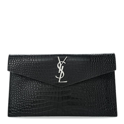 Saint Laurent Calfskin Crocodile Embossed Uptown Monogram Pouch Black 1 of 7