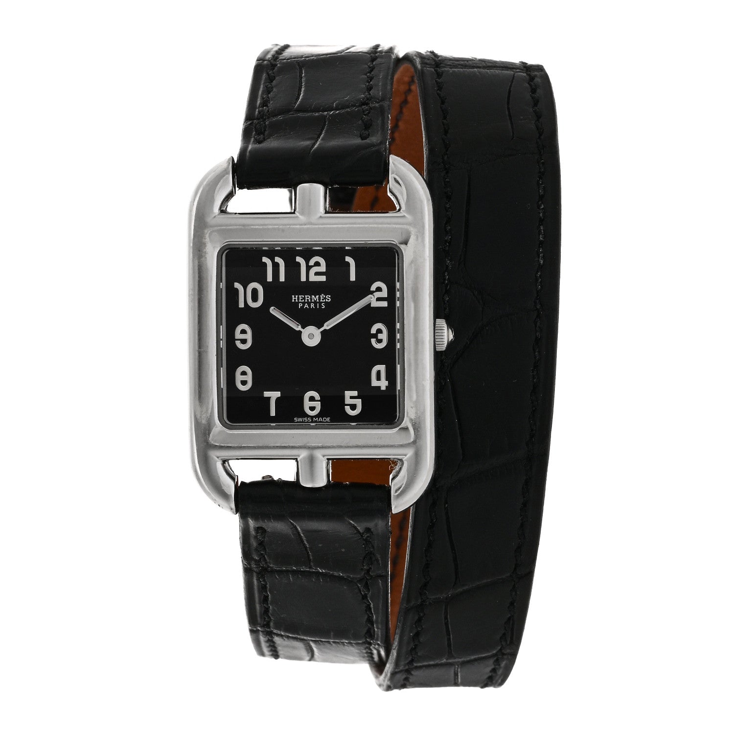 Hermes Stainless Steel Alligator 23mm Cape Cod Double Tour Quartz Watch Noir 1 of 5