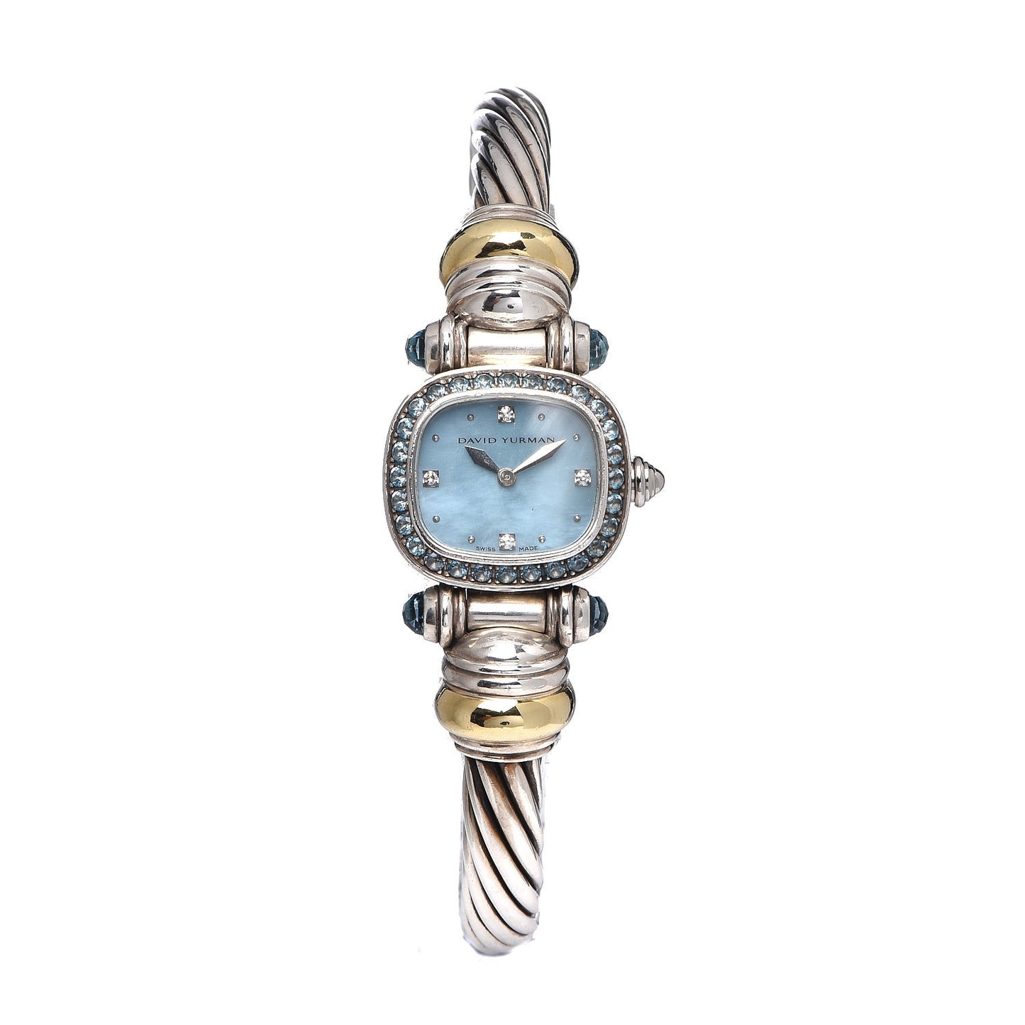 Sterling Silver 18K Yellow Gold Diamond Blue Mother of Pearl Blue Topaz 21mm Classic Cable Quartz Watch