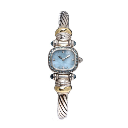 David Yurman Sterling Silver 18K Yellow Gold Diamond Blue Mother of Pearl Blue Topaz 21mm Classic Cable Quartz Watch 1 of 7